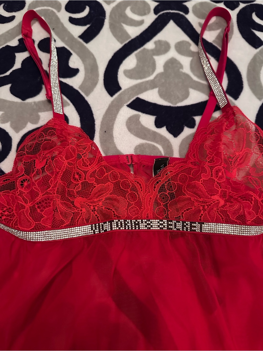 Victoria's Secret Red Lace & Mesh Chemise with Rhinestone Band